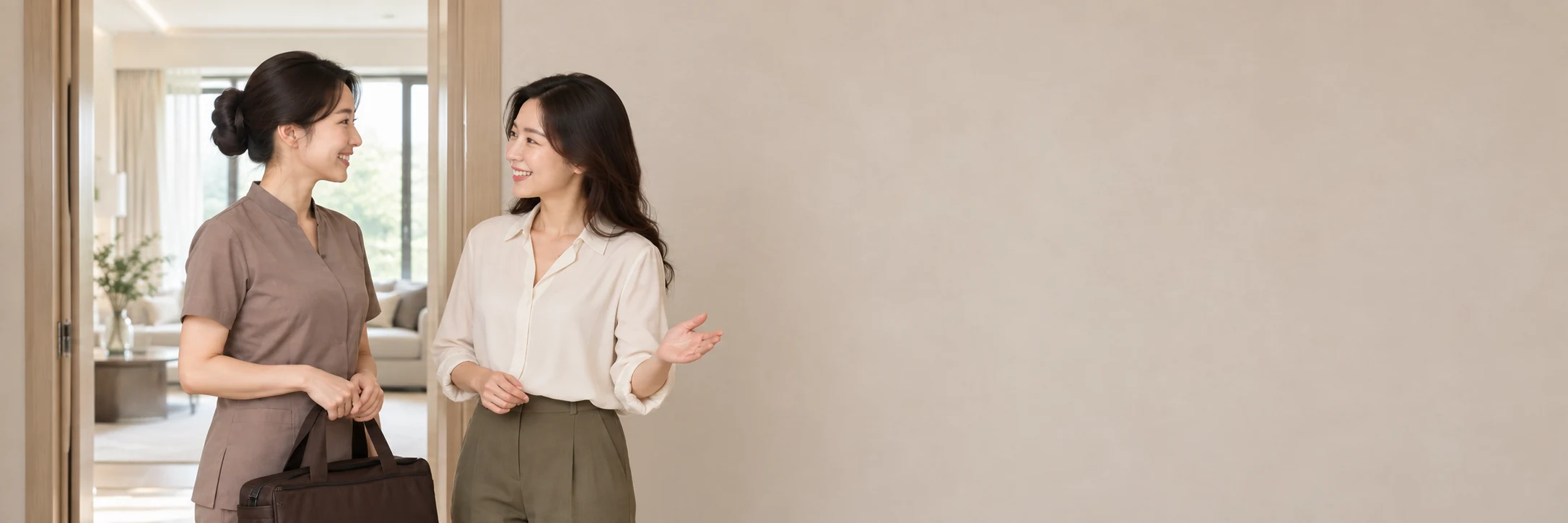 청양출장마사지 방문 테라피스트와 고객의 인사 장면 - 실제 숙박시설 사진 아님